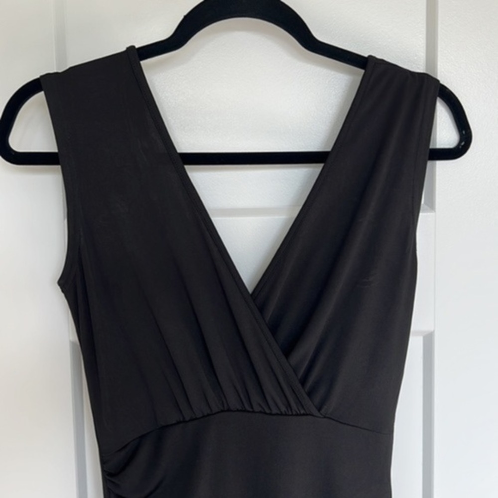 Black Midi Rutched Dress, Low V-Neck - Picture 5 of 6